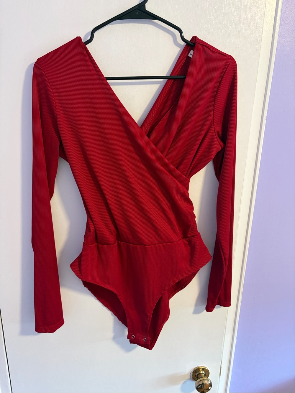 Red Long-Sleeve Wrap One-Piece Bodysuit